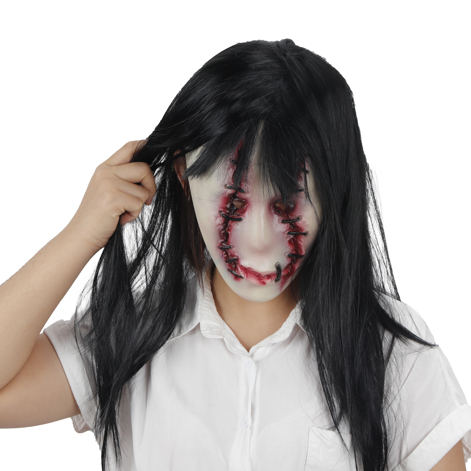 鬼屋贞子面具恶魔女万圣节恐怖人脸缝针伤疤女鬼丧僵尸怪兽物道具-阿