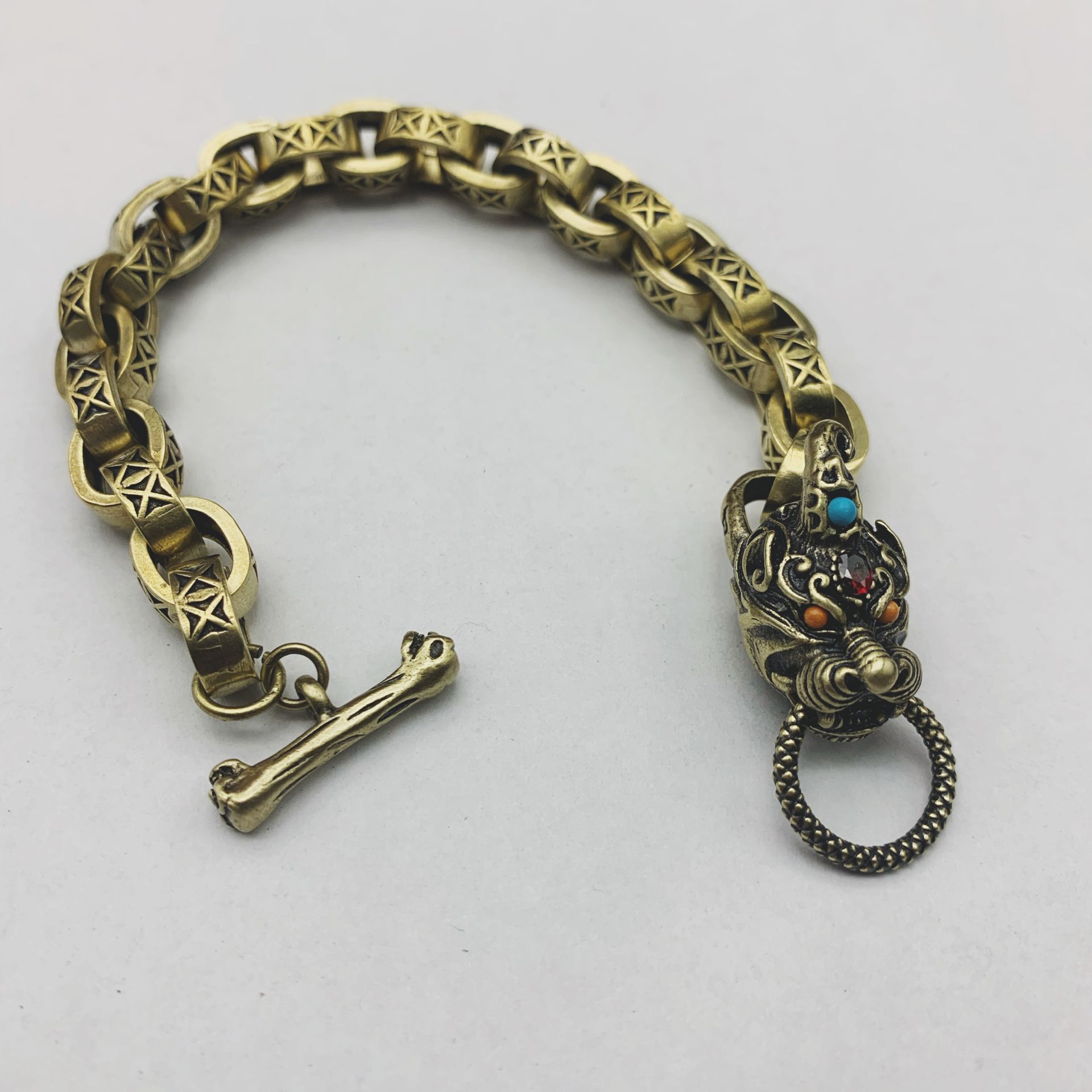 苗银白铜手链神兽貔貅手链黄铜链条独角神龙手串麒麟手环铜首饰品