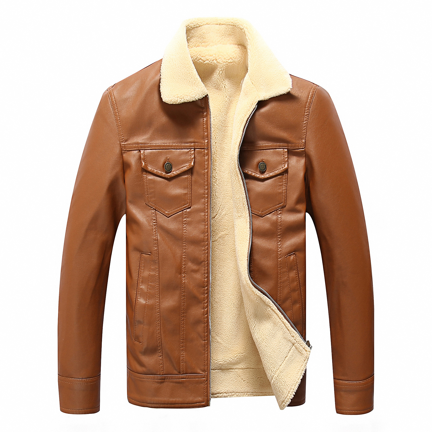 秋冬新款皮夹克男士皮衣欧美时尚修身机车pu皮衣加绒皮毛一体外套