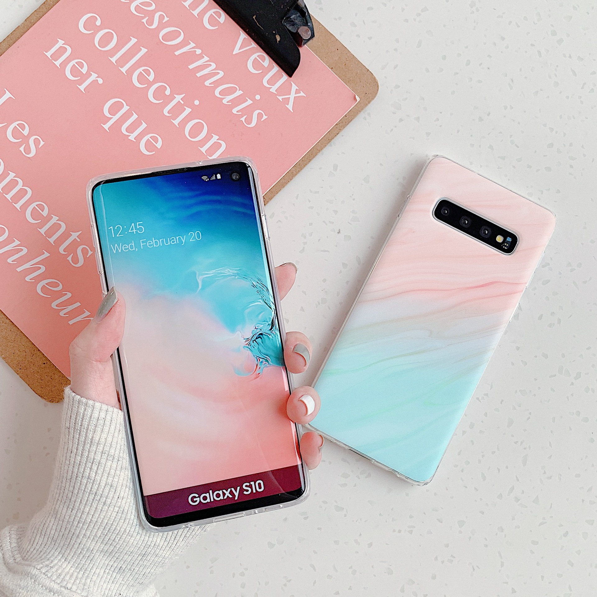 适用三星s20ultra渐变磨砂珊瑚大理石纹手机壳a71简约软壳a50/s8