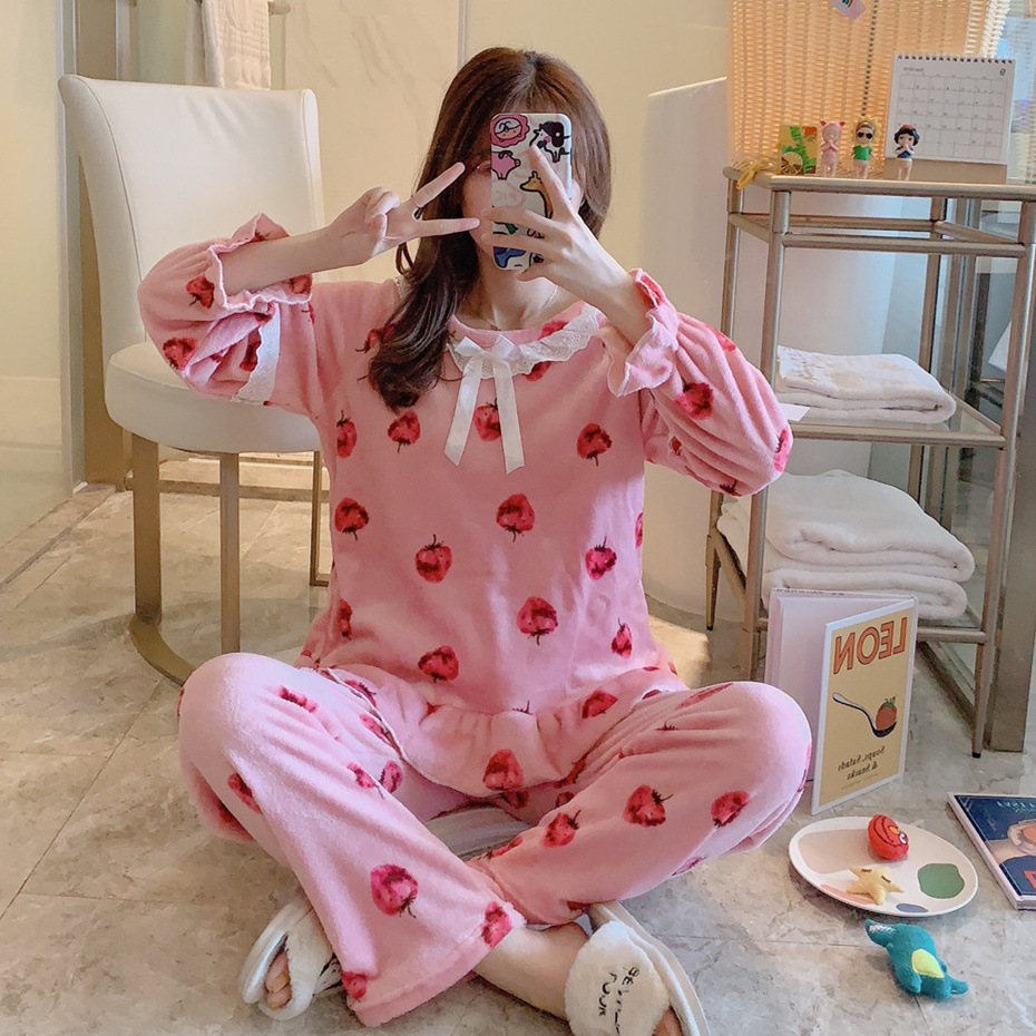 法兰绒睡衣女冬季长袖新款甜美可爱少女草莓粉色花边公主风家居服