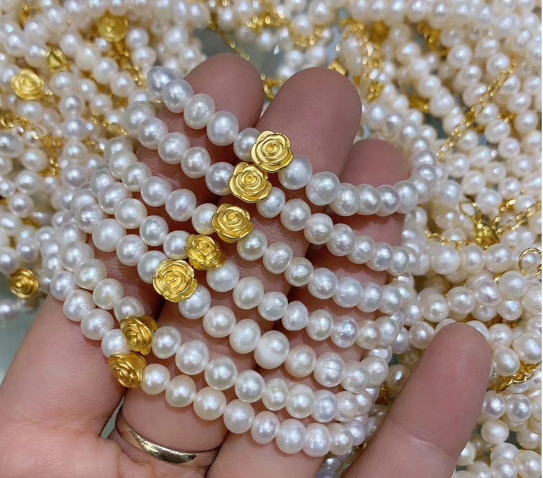 足金玫瑰花天然珍珠手链女士时尚手串3d黄金手饰金店会销礼品
