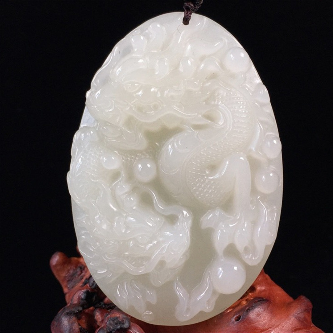 保真和田玉二龙戏珠吊坠男女款生肖吉祥龙玉挂件玉佩饰品送证书