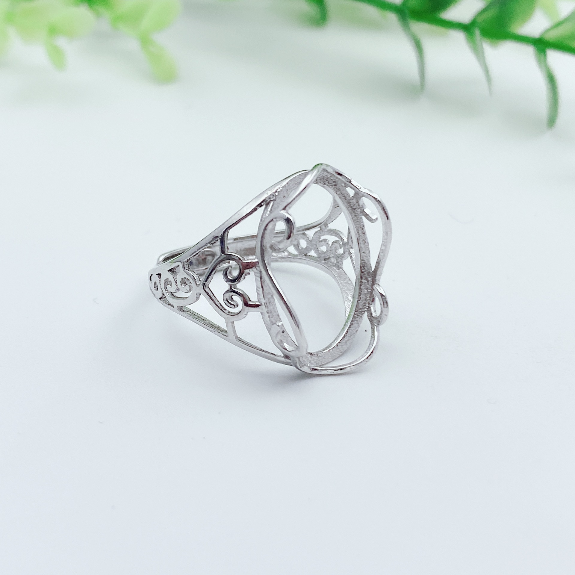 s925银戒指空托旦形15*20戒托简单花纹包镶厂家直销复古百搭银托