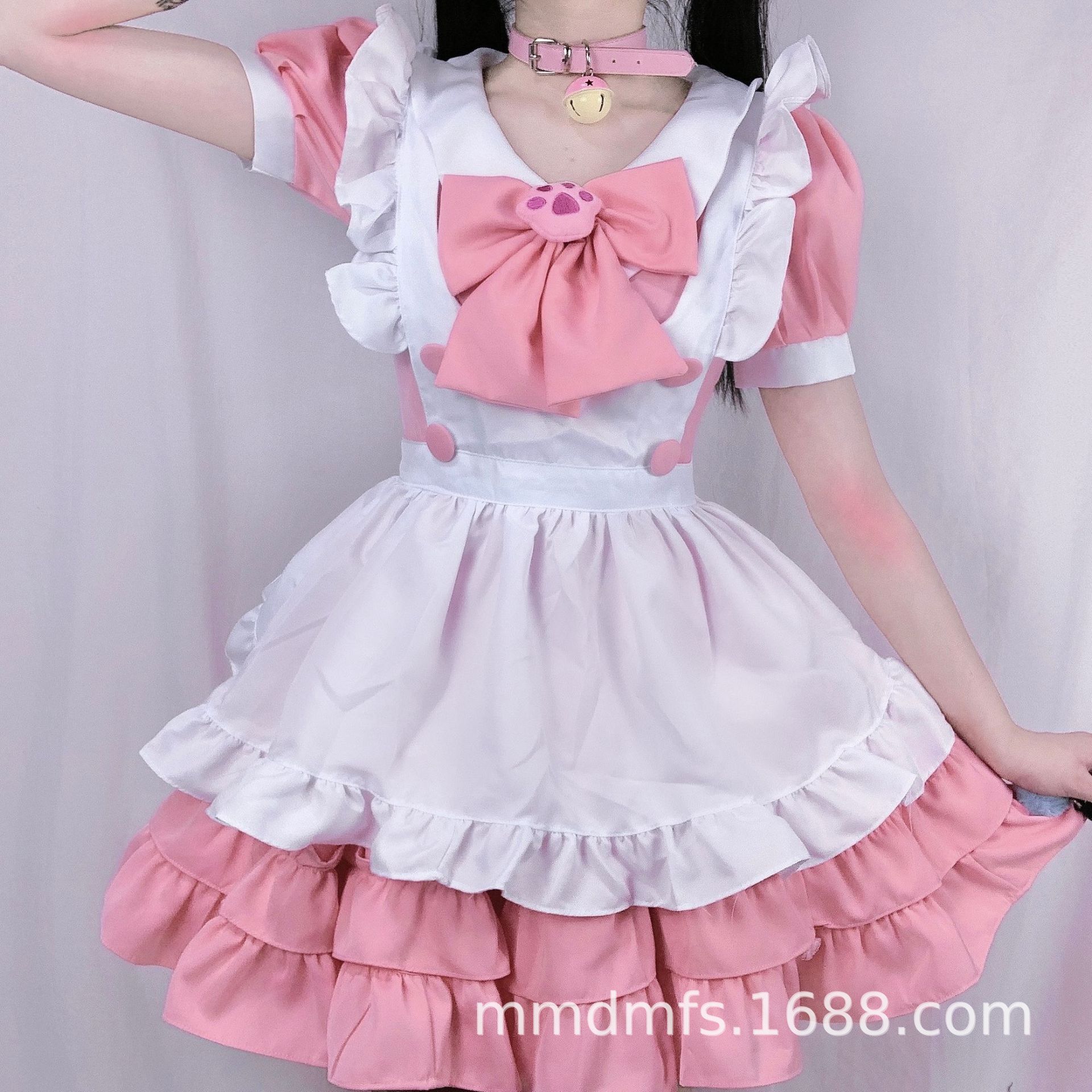 新款粉色猫爪蝴蝶结女佣女仆 爱丽丝cospay演出服 萌妹服装 出口