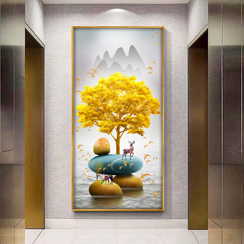 现代简约招财风水玄关装饰画北欧入户门壁画走廊竖版石来运转挂画
