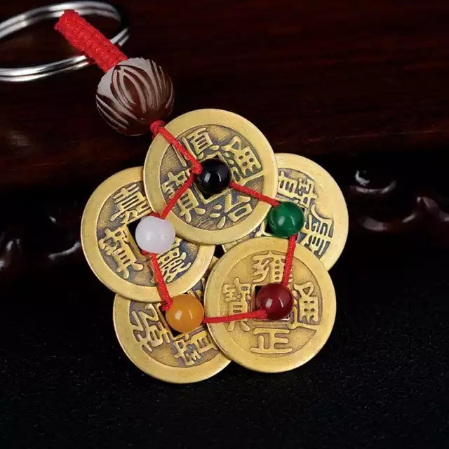 手工编织纯铜五行梅花五帝铜钱招财平安貔貅钥匙扣风水五帝钱挂件