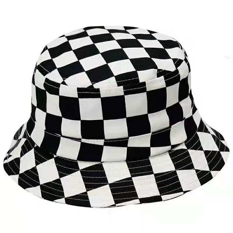 帽子网红黑白格子平顶渔夫帽夏季韩版休闲学生盆帽男女日系街舞帽