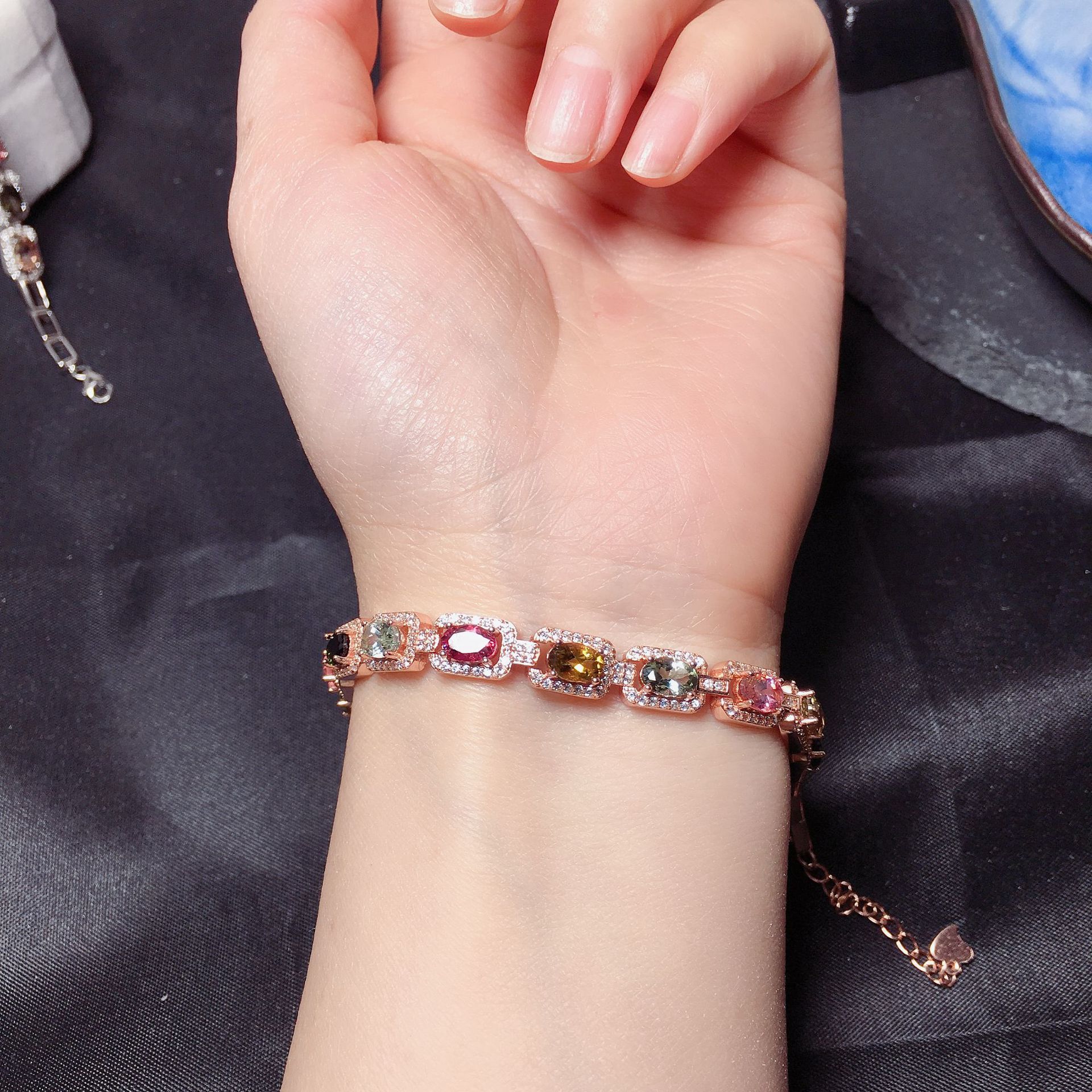 碧玺手链首饰925银镶嵌手链款式独特 简单大方批发一件代发