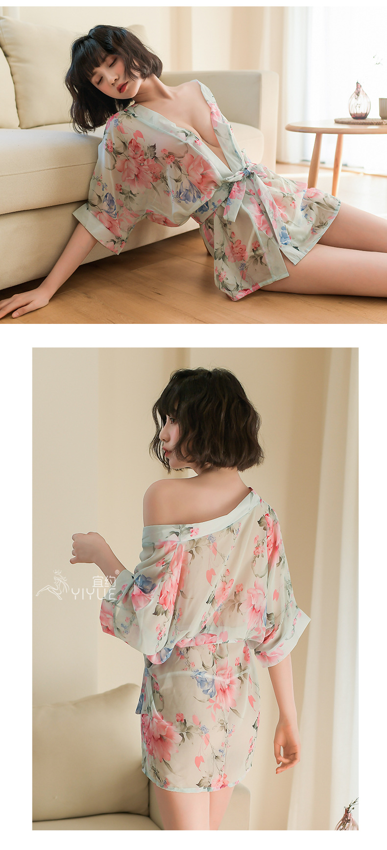 宜约情趣内衣性感睡衣诱惑日式雪纺印花开衫和服透视睡袍套装8145