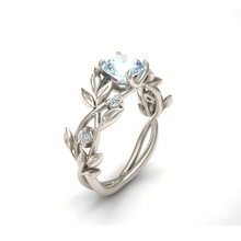 厂家批发wish热卖饰品 欧美公主橄榄叶子订婚戒指 镶钻蓝钻石戒指