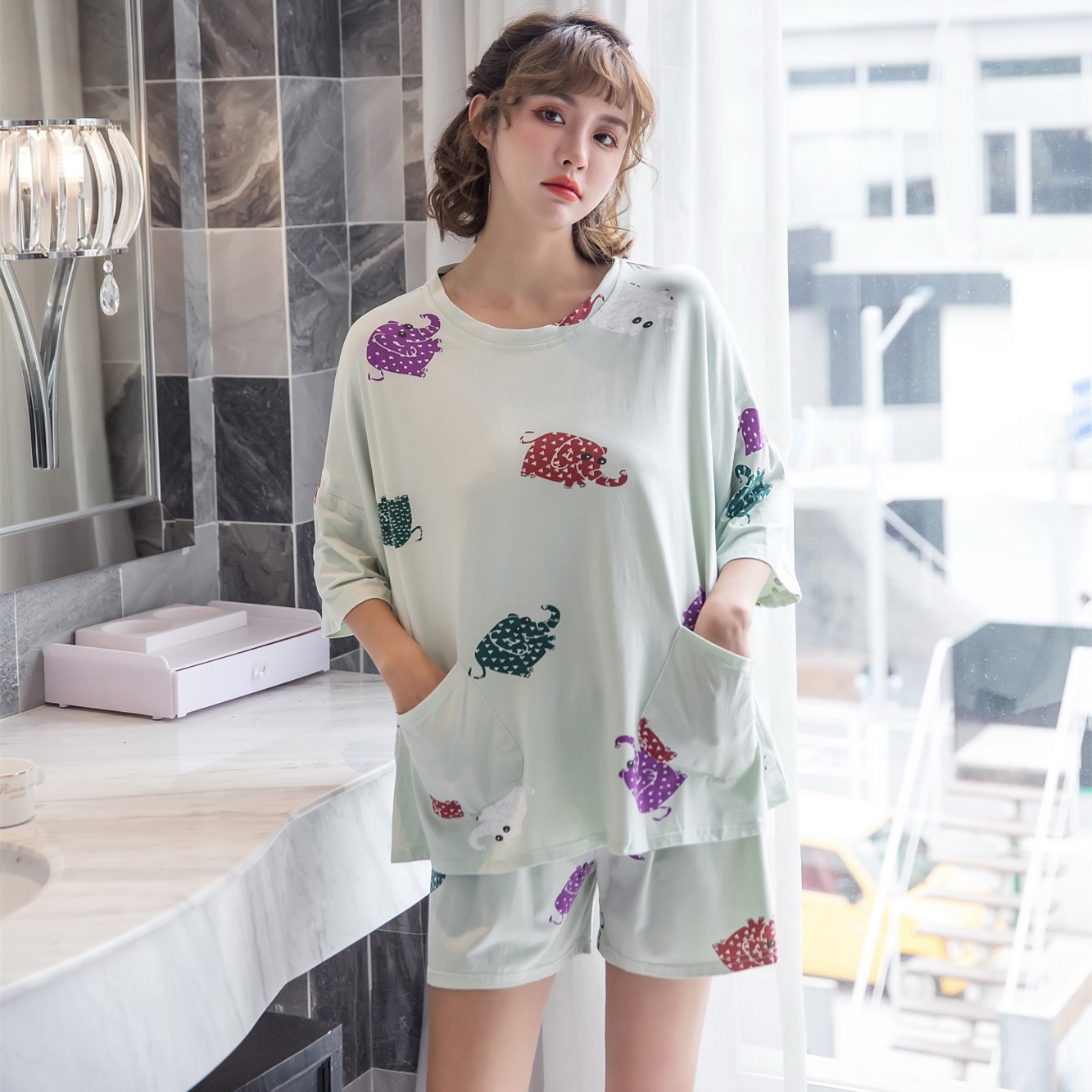 韩版短袖睡衣女夏纯棉薄款印花可爱休闲宽松短裤家居服大码