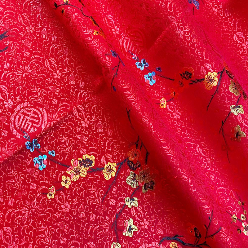 现货仿真丝织锦缎绸缎面料喜梅图案坐垫面料旗袍汉服唐装装饰布料