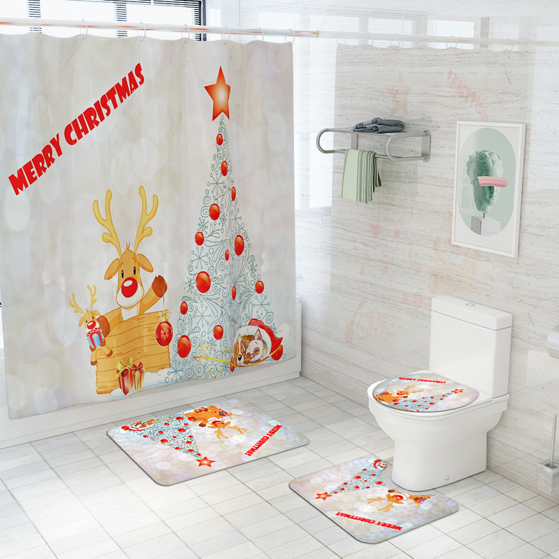 New Creative Cartoon Deer Christmas Tree Waterproof Shower Curtain Carpet Mat Four-Piece Set Toilet Mat Set One Piece Dropshipping