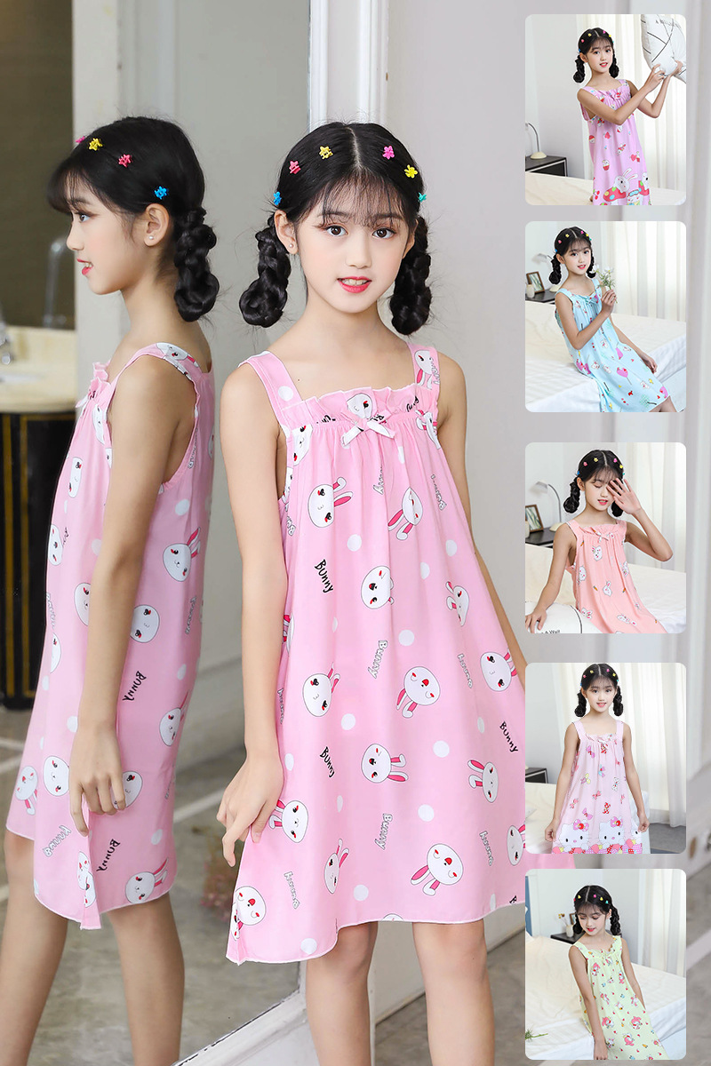 新款夏季儿童纯棉睡裙小女孩吊带公主连衣裙中大童棉绸睡衣代发