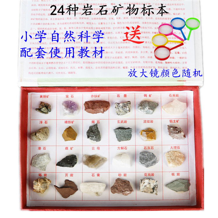 24种岩石矿物标本盒小学四年级配套教具地理科普石头教学仪器