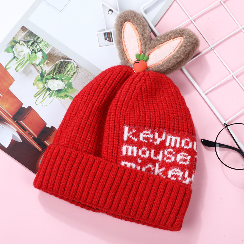 Children's Woolen Cap Autumn and Winter Keep Baby Warm Knitted Hat Cute Rabbit Ears Pullover Hat Outdoor Protection Wind-Proof Hat