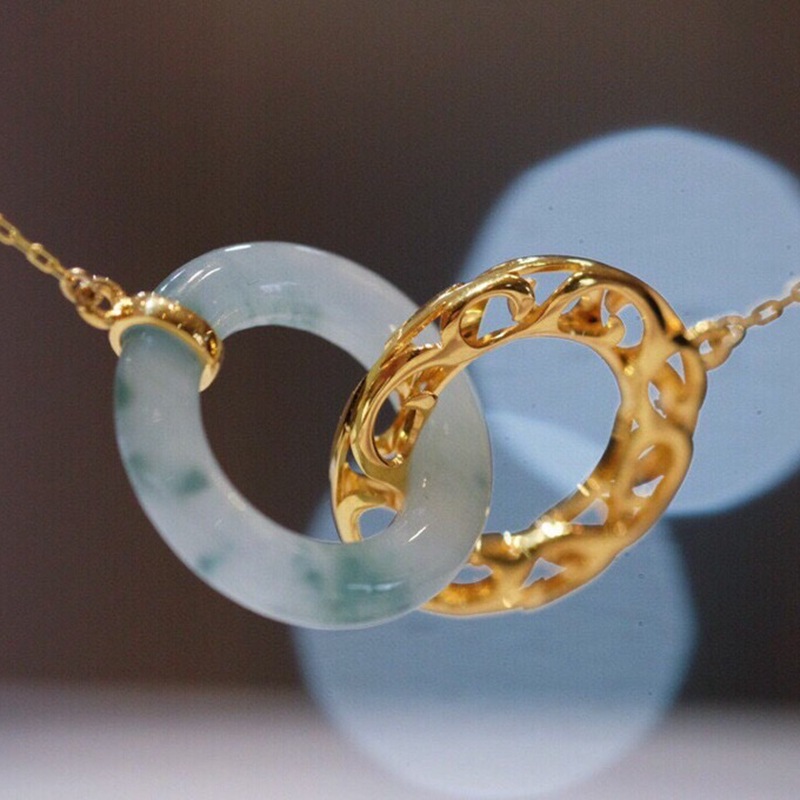 18k金镶翡翠项链纯au750环环相扣吊坠18k金项链 k金颈饰送礼