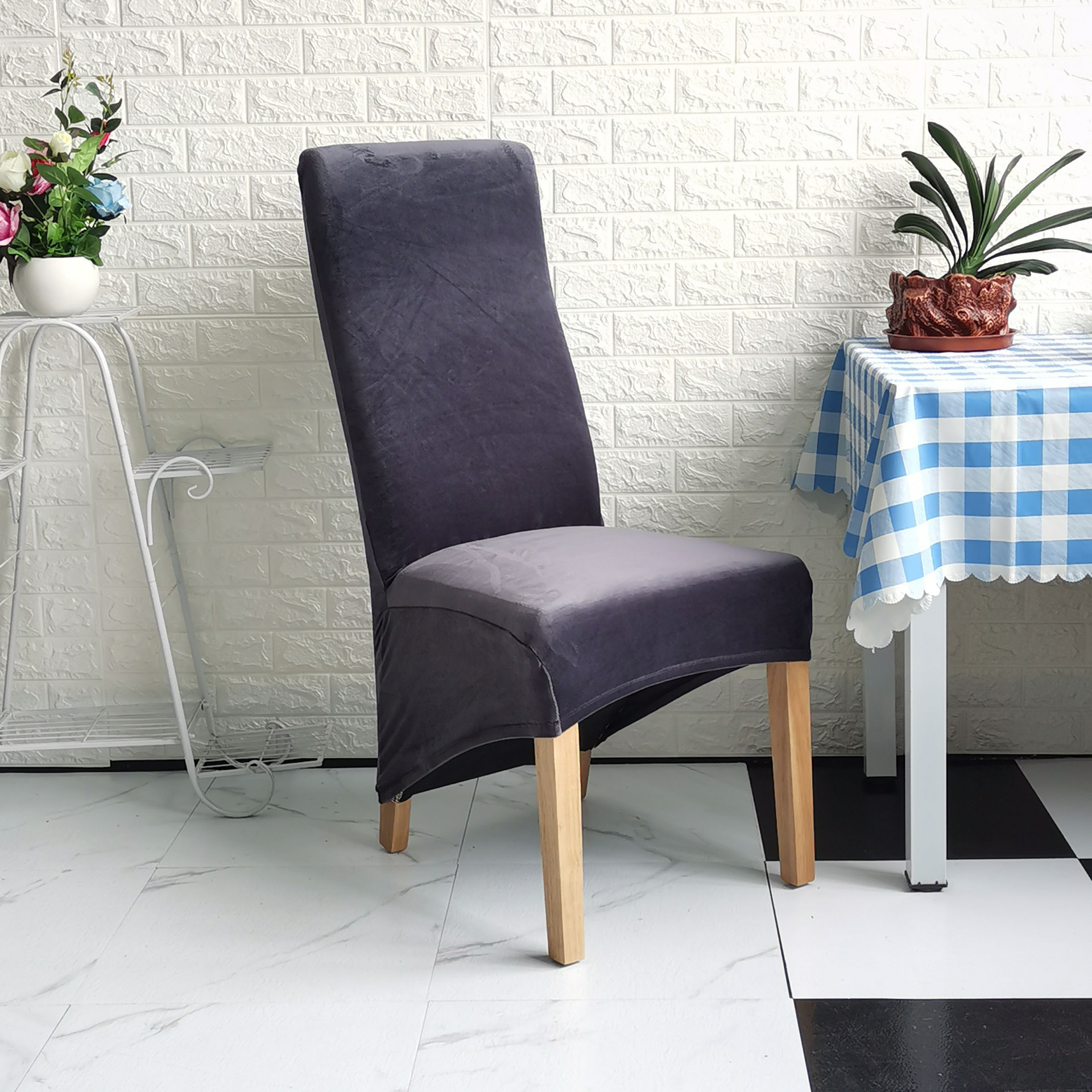 通用弹力椅子套 银狐绒后背大斜摆椅套白色酒店椅套 家用餐桌椅套