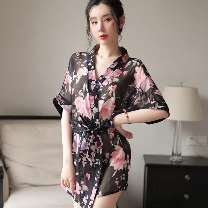 花莺情趣内衣性感开襟蝴蝶结绑带女时尚印花雪纺睡袍和服套装