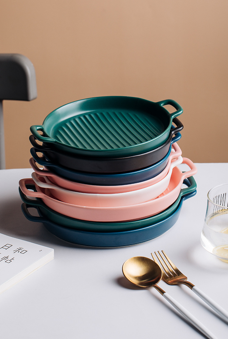 北欧餐具色釉盘子创意菜盘陶瓷双耳烤盘披萨盘水果盘烘焙烤盘圆盘