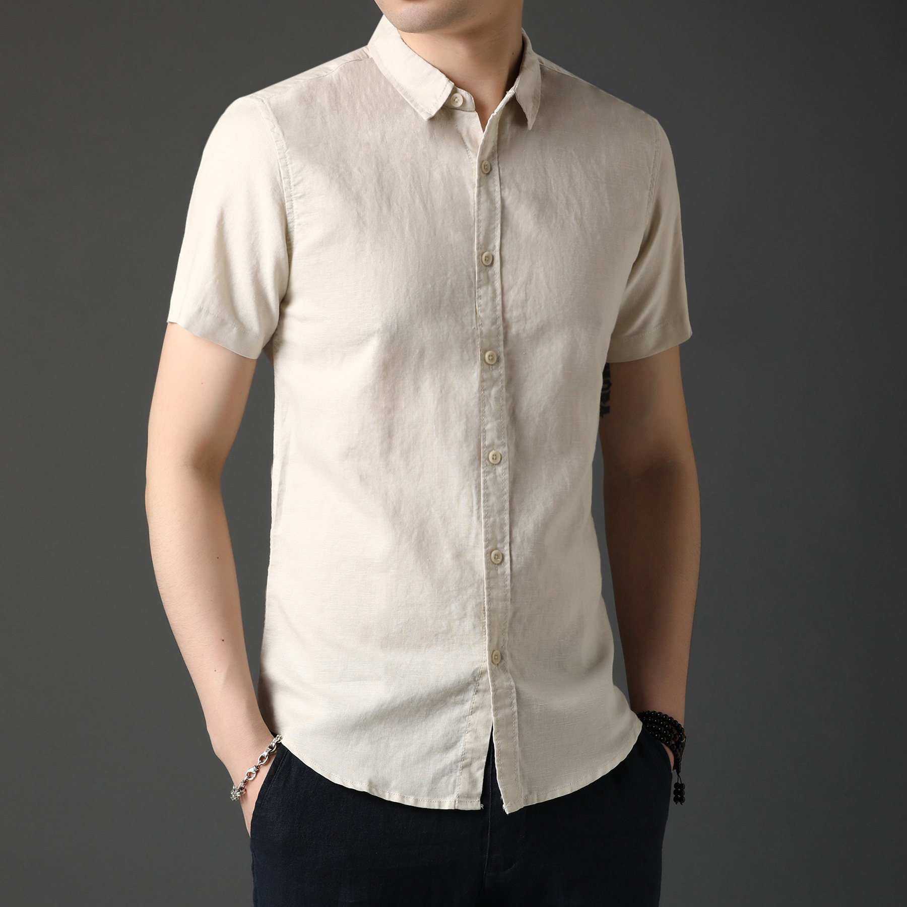 短袖男士衬衫亚麻夏装青年男式时尚韩版修身薄款棉麻纯色半袖衬衣