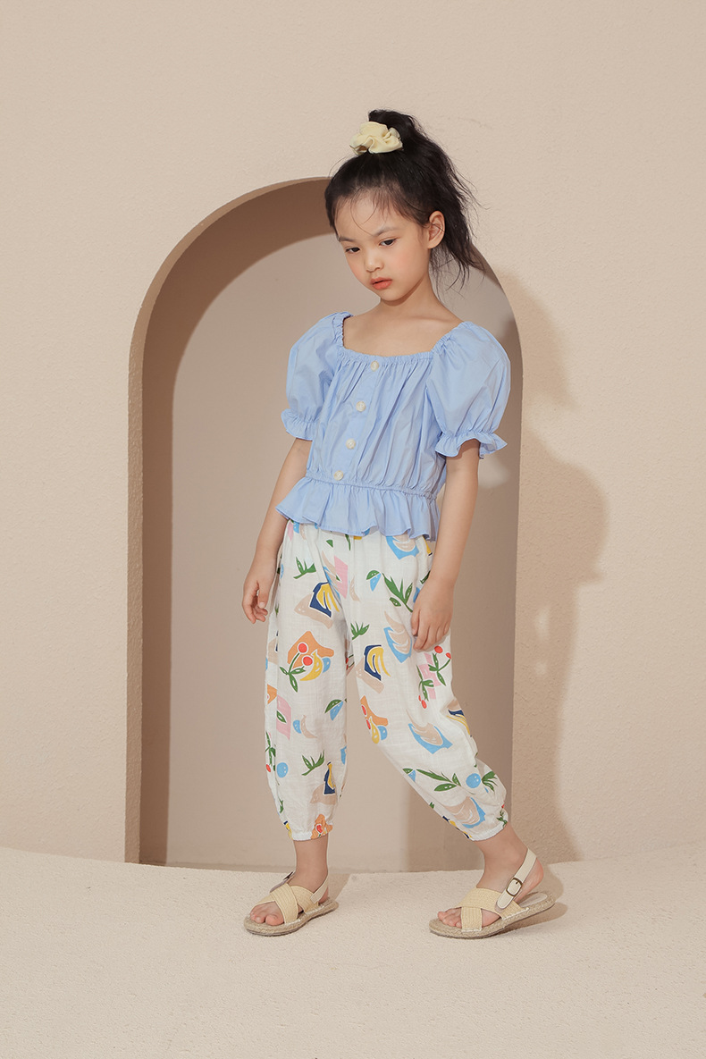 小懒猫童装夏季新品儿童甜美纯色泡泡袖上衣女童纯棉荷叶边衬衣