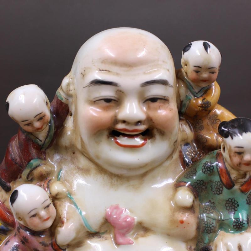 清光绪粉彩雕塑五福童子弥勒佛 手工摆件收藏 民间老货瓷器古玩