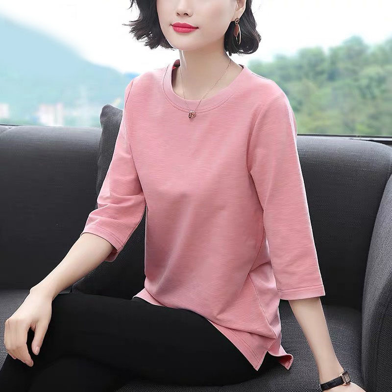 Spring and Summer Korean Style New Short Sleeve T-shirt Women's 3/4 Sleeve Top Bottoming Shirt Long Sleeve Mom's Loose Large Size Women's