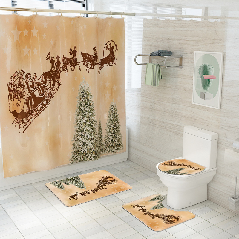 Exclusive for Cross-Border Christmas Element Printing Toilet Floor Mat Four-Piece Snow Christmas Tree Waterproof Shower Curtain DIY Pattern