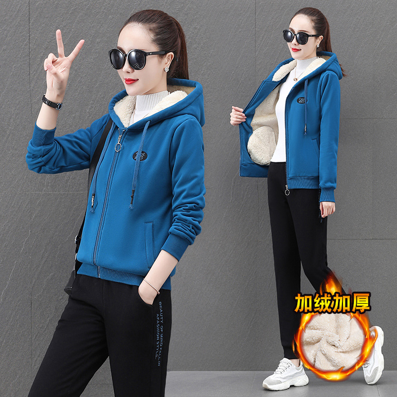 加绒加厚休闲运动服套装女双面金丝绒羊羔绒保暖卫衣两件套秋冬季