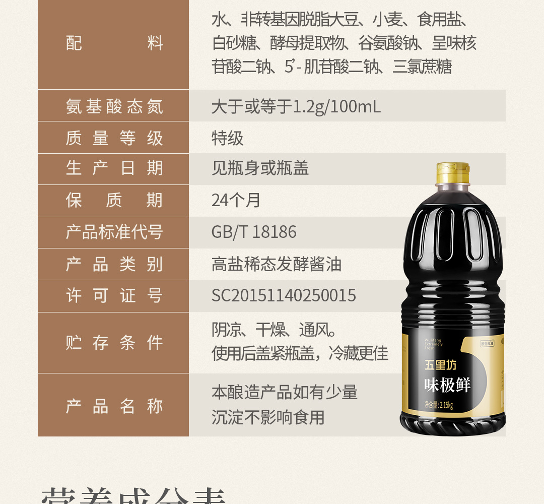 【五里坊】味极鲜2.15kg 特级酿造酱油 凉拌炒菜两用调味料
