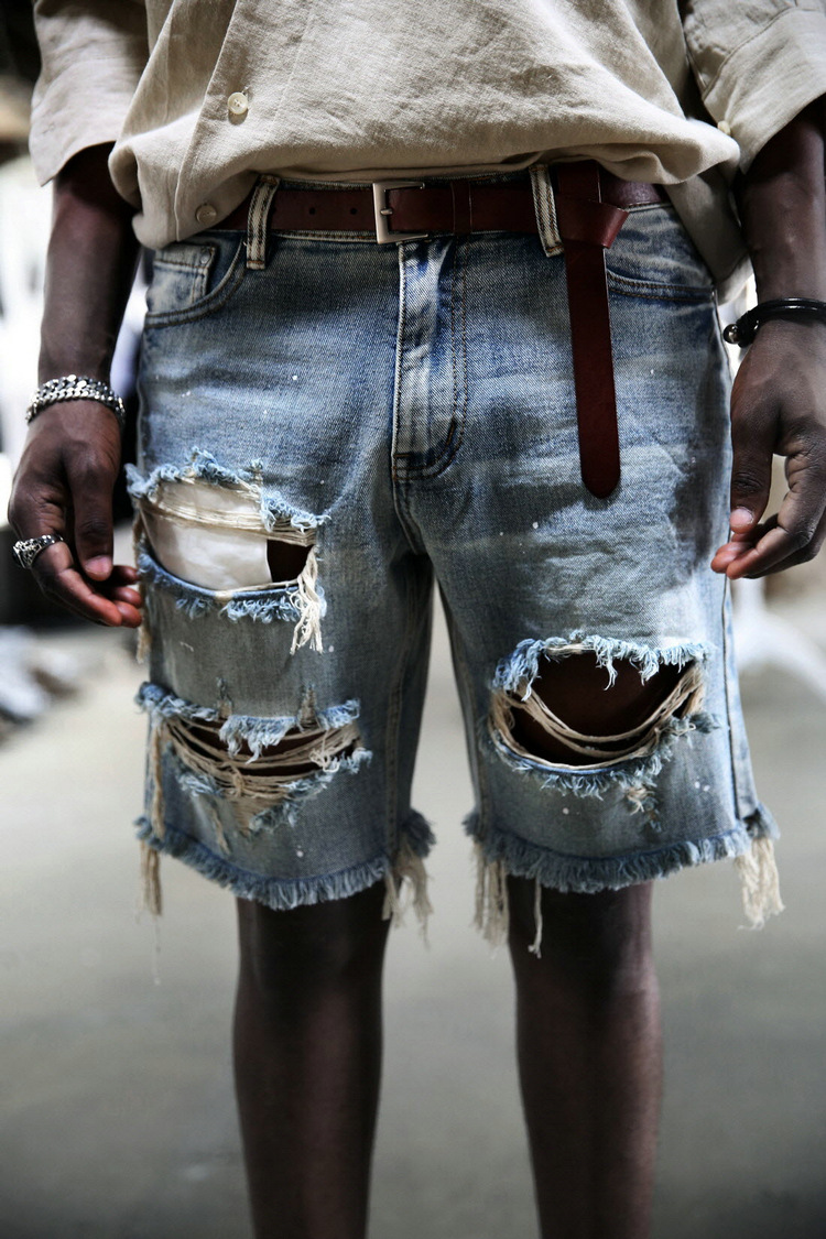 韩版夏季男士新款喷漆乞丐大破洞做旧潮流牛仔短裤个性嘻哈高街风