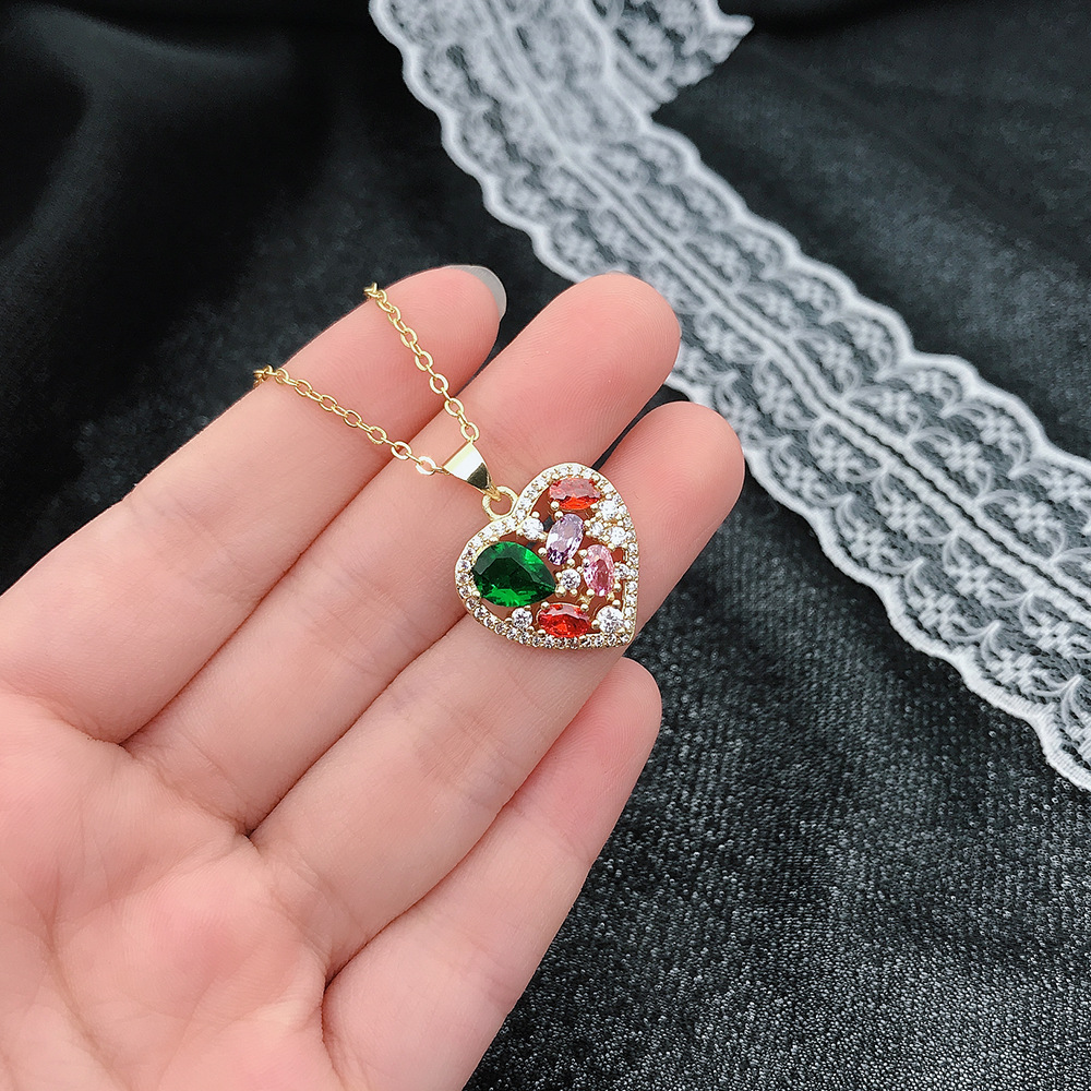 抖音快手珠光宝气直播爱心形彩宝项链 pd990镀18k黄金色心形吊坠