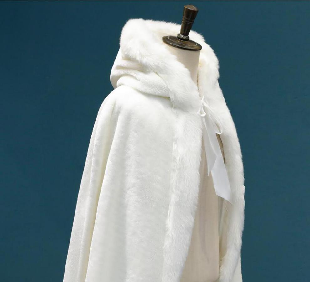 2020人造兔毛加厚乳白色斗篷新娘披风欧美连帽风衣长外套