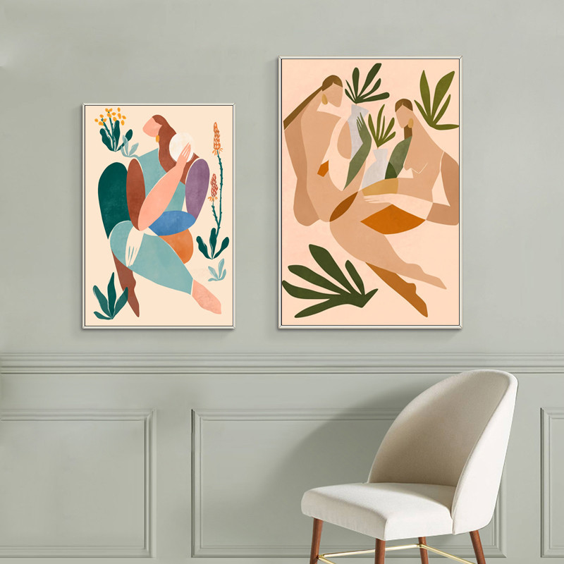 北欧文艺小清新莫兰迪色手绘插画艺术抽象人物植物装饰画图片画芯