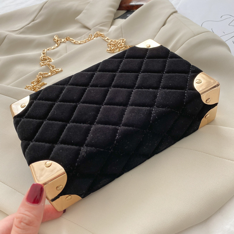 Spring New Box Women's Bag Gold Velvet Small Square Bag Rhombic Chain Embroidery Thread Women's Bag Classic Small Bag Women's Wholesale