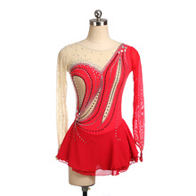 定制儿童成人花样滑冰服女童表演服装比赛考级裙子红色锦纶条形钻