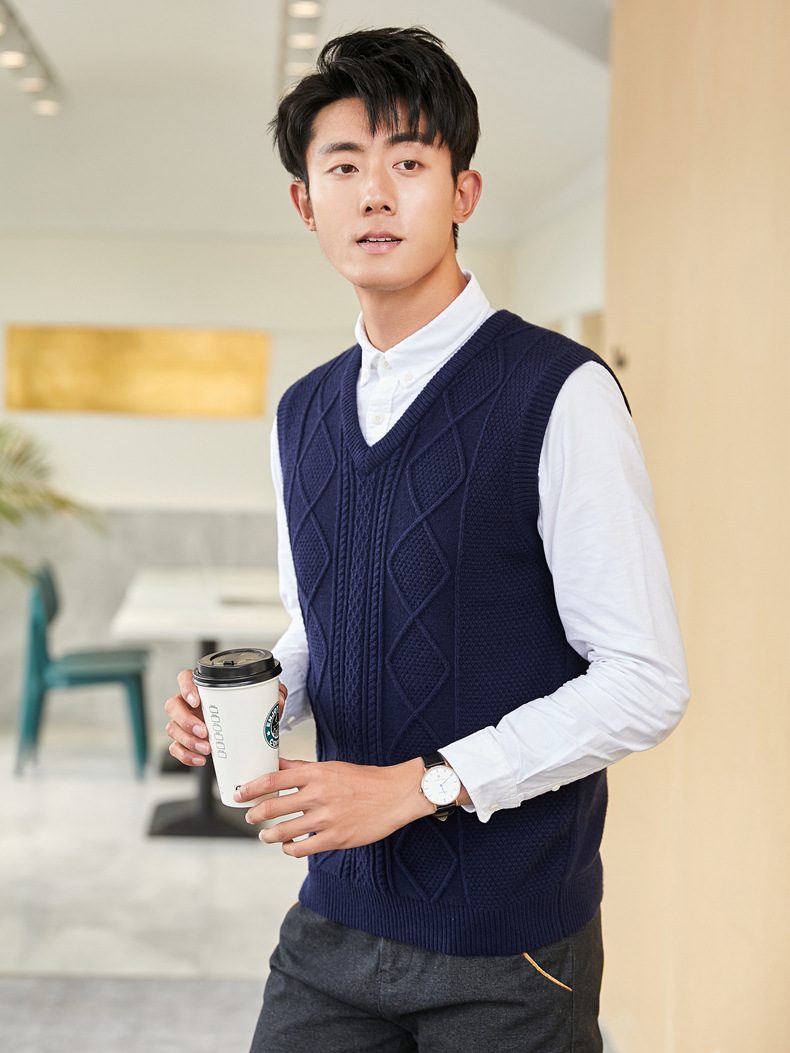 复古菱形编织背心男士毛衣马甲加厚保暖v领针织衫坎肩无袖毛线衣