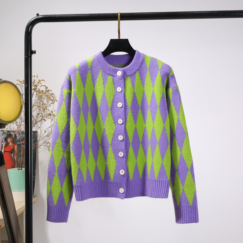 iu李智恩明星同款紫绿色菱格安哥拉开衫外套女针织韩版慵懒风毛衣