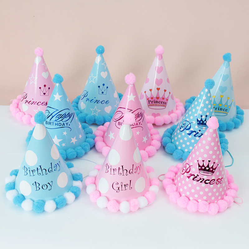 Wholesale Party Supplies Cake Hat Children Adult Year-Old Dress up Kindergarten Pointed Birthday Paper Hat Fur Ball