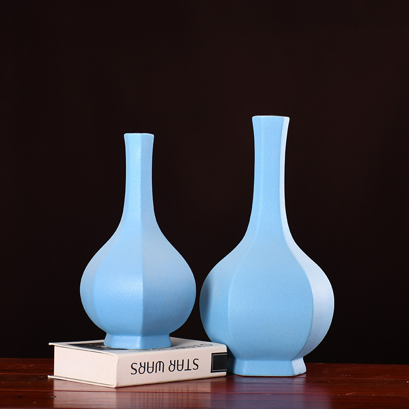 家居陶瓷摆件中式简约现代风格--橘红六角胆瓶两件套