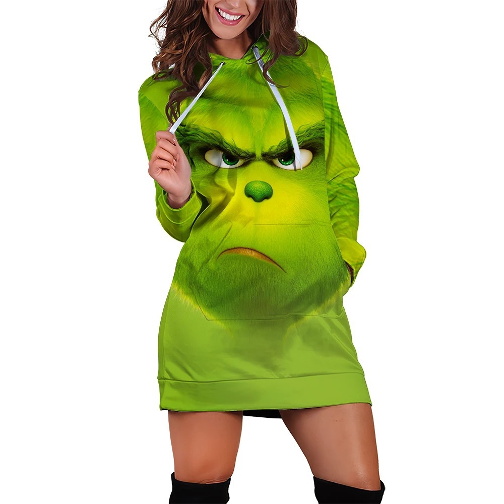 亚马逊热销印花外贸圣诞爆款恶搞绿毛怪格林奇3d数码印花连衣裙