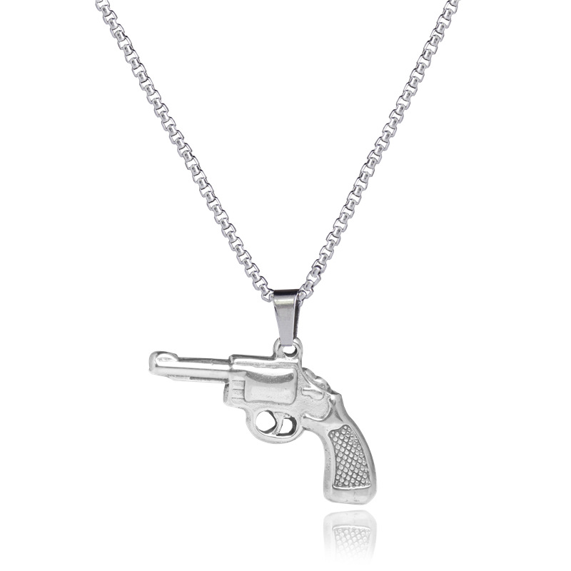 European and American Style Stainless Steel Pistol Fiveshooter Pendant Hip Hop Titanium Steel Men's and Women's Necklaces Pearl Chain Sweater Chain Wholesale