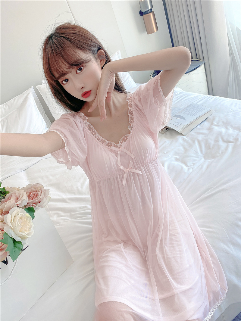 宫廷风网纱蕾丝公主睡裙女夏少女唯美睡衣可爱带胸垫家居服可外穿