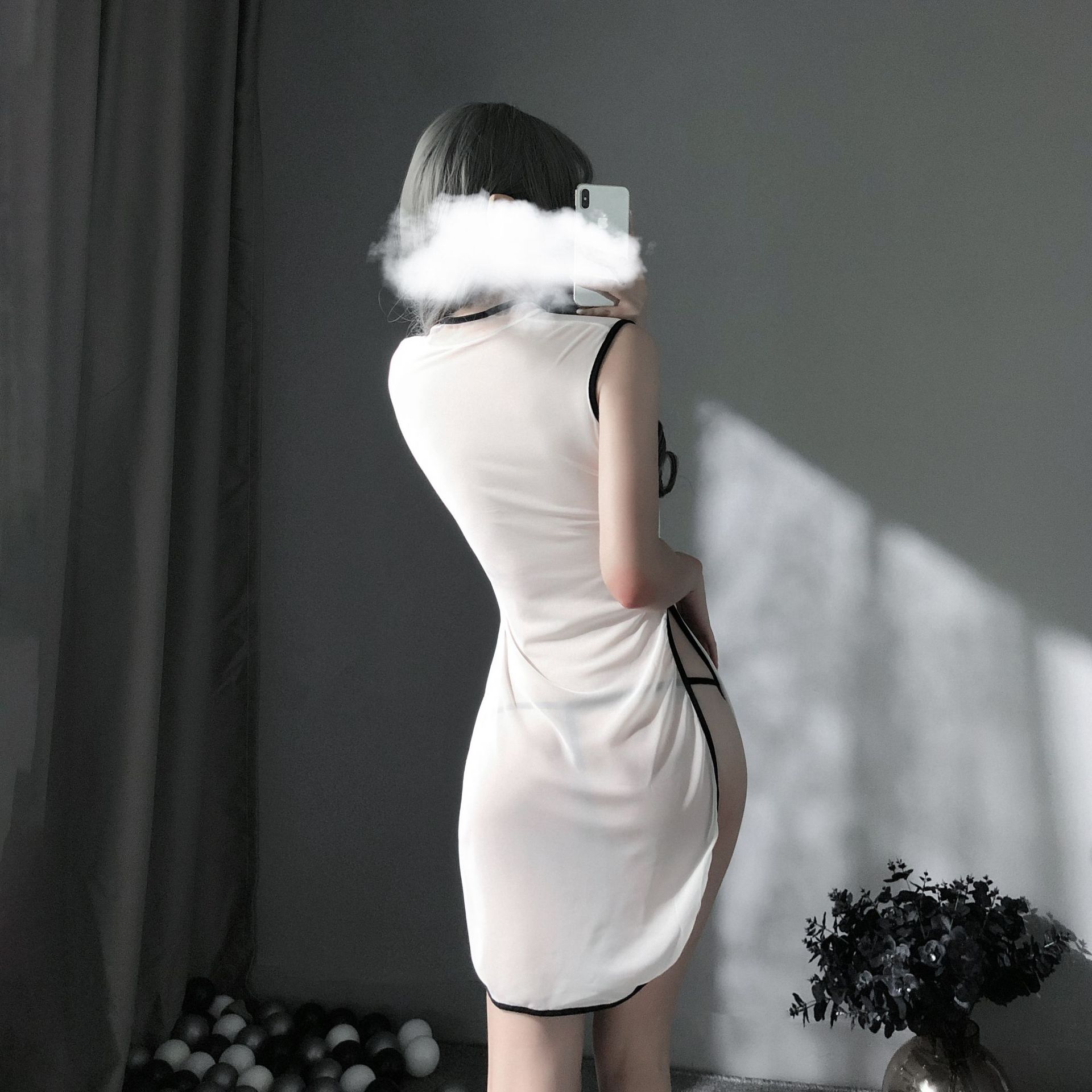 心心相映情趣内衣网纱复古旗袍爱心蕾丝诱惑网纱透视一件代发