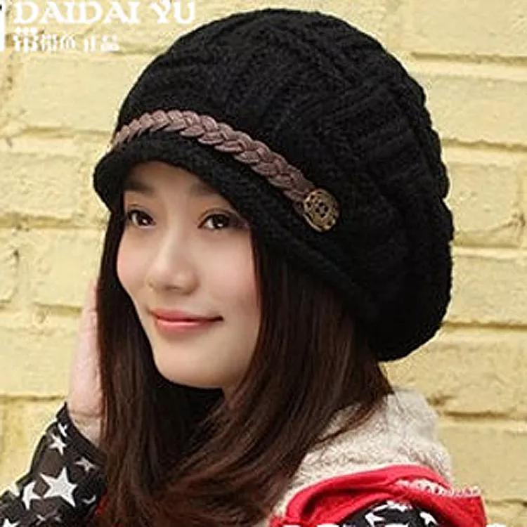 韩版时尚扣子卷边秋冬季潮女士保暖护耳加厚针织麻花辫子毛线帽