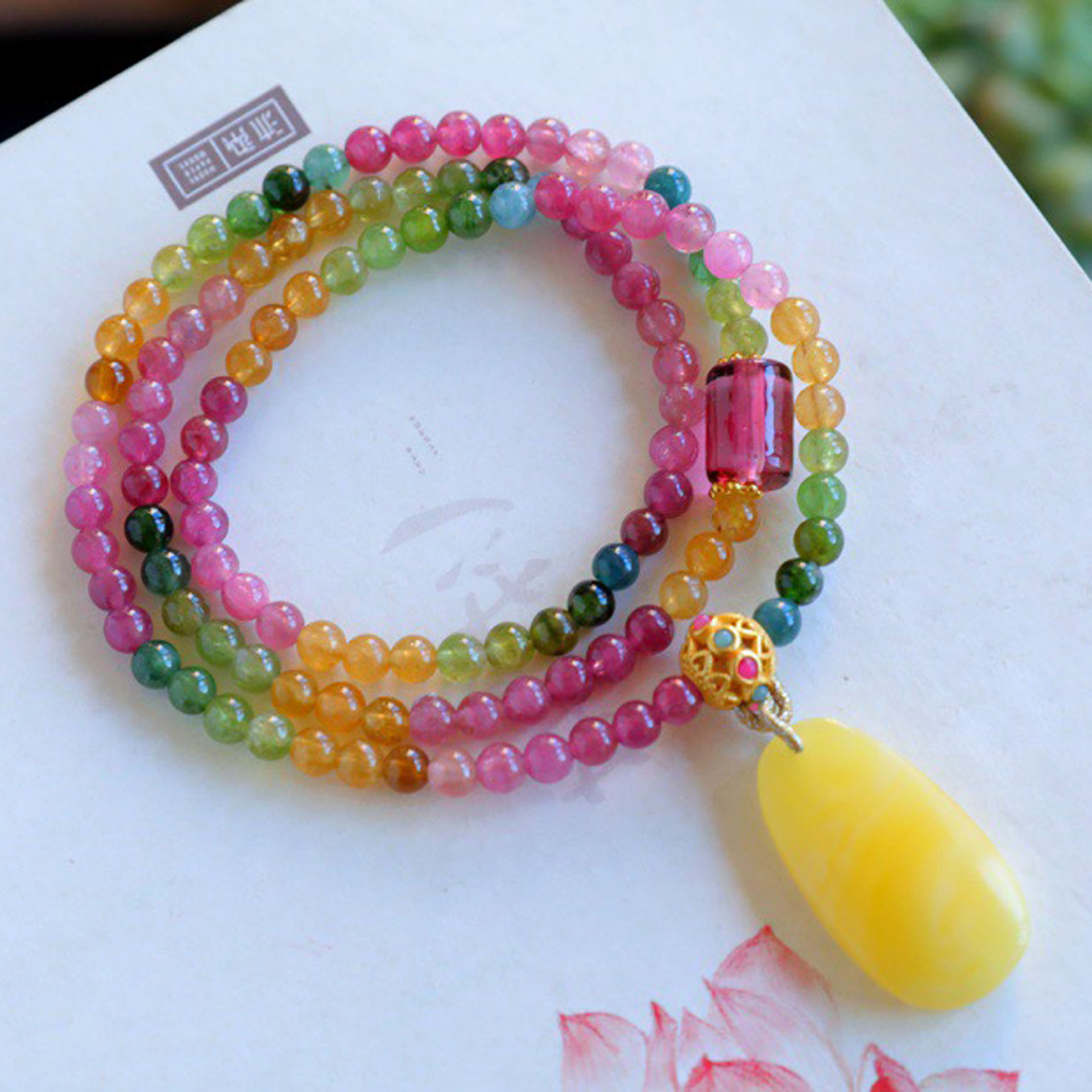 天然巴西彩虹碧玺原创三圈手链颜色绚丽点缀蜜蜡水滴原创手串