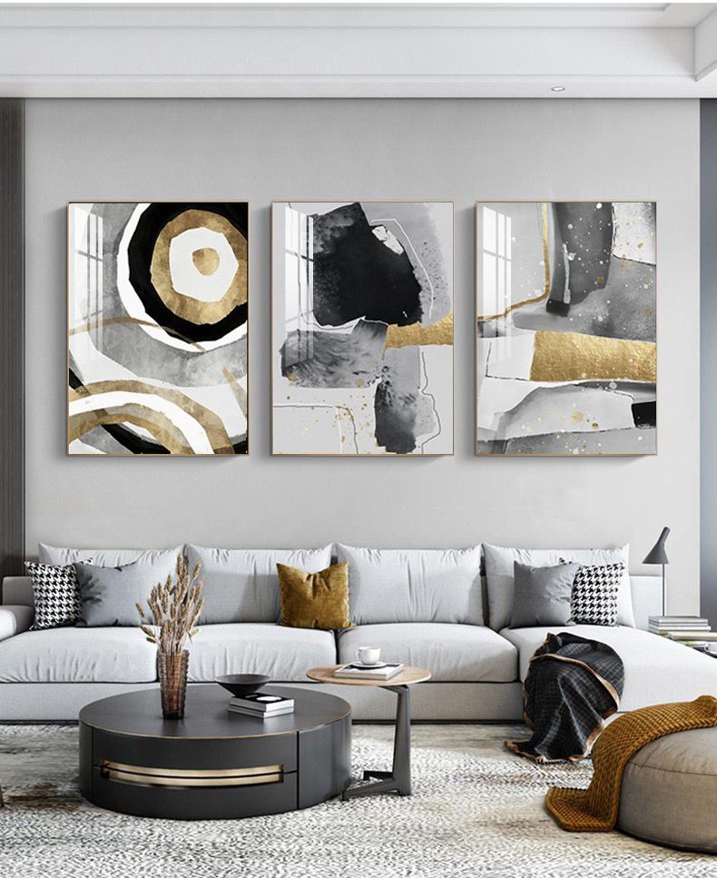 现代轻奢客厅装饰画大气黑白灰沙发背景墙面挂画三联艺术创意壁画
