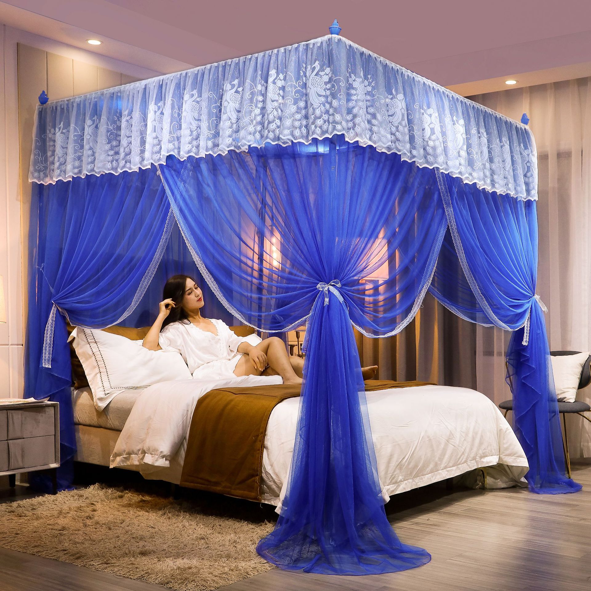 蚊帐 方顶蚊帐批发 加粗加密三开门落地式宫廷学生无拉链南通批发